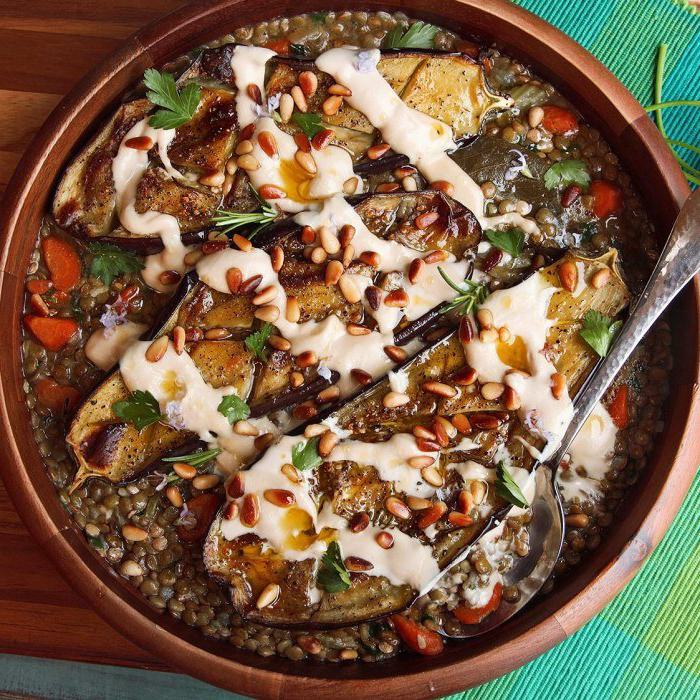 Roasted Eggplant With Tahini, Pine Nuts, and Lentils