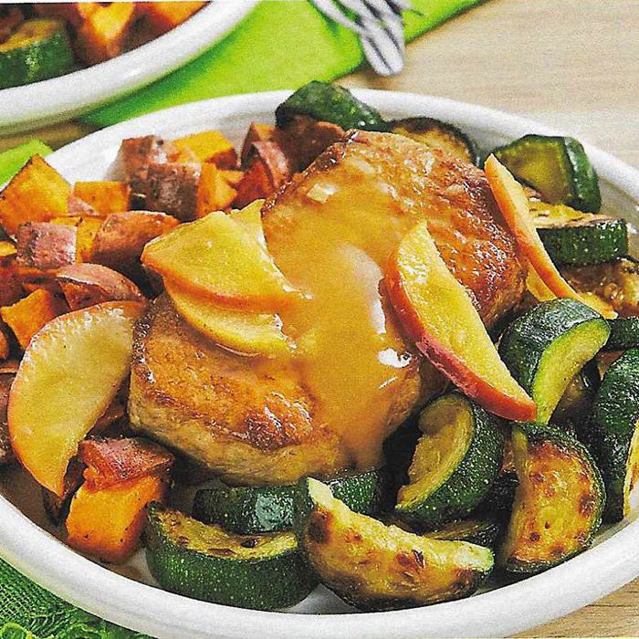 Skillet Apple Pork Chops with Roasted Sweet Potatoes & Zucchini