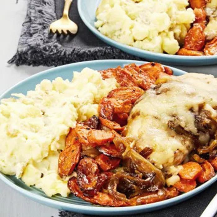 French Onion Chicken with Roasted Carrots & Mashed Potatoes