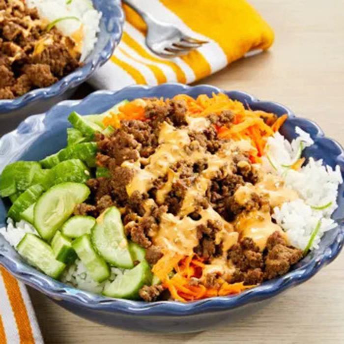 Beef Banh Mi Bowls with Sriracha Mayo, Carrot & Pickled Cucumber